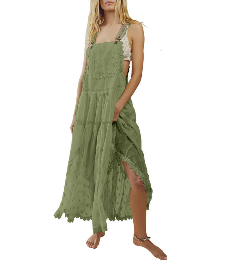 2024 Women's Casual Lace Embroidered Long Dress with Adjustable Shoulder Straps and Flowing Skirt