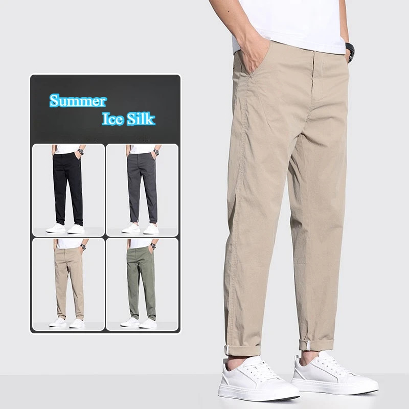 Mens Trousers Fashion Ice Silk Pants Solid Color Breathable Loose Straight Drawstring Streetwear Men Summer Business Casual 250515