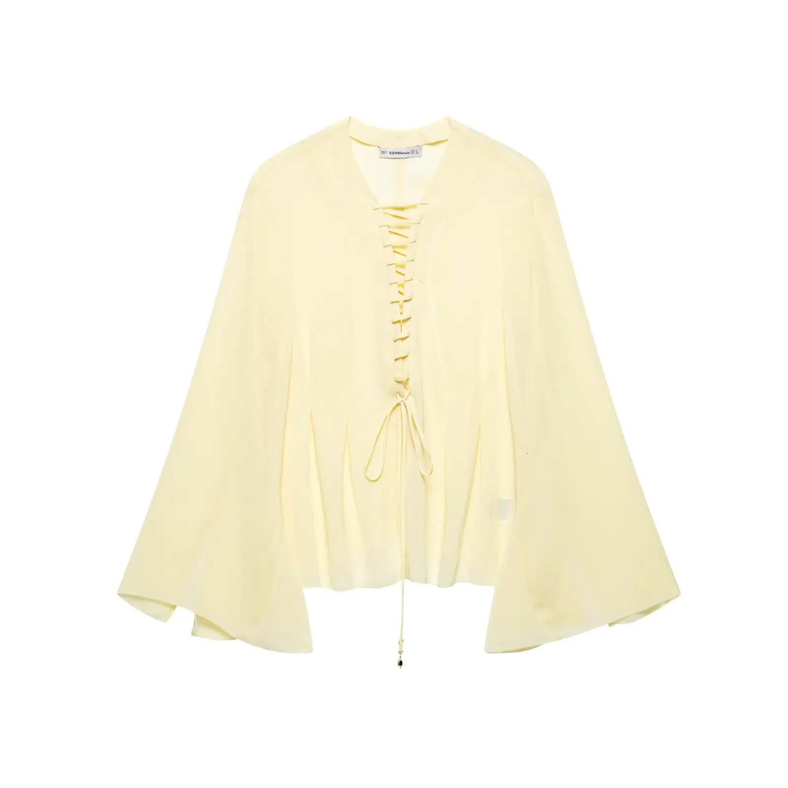Zevity Women Sweet Solid V Neck Lace Bandage n Chiffon Smock Blouse Female Flare Sleeve Shirt Blouses Chic Tops LS9171 250515