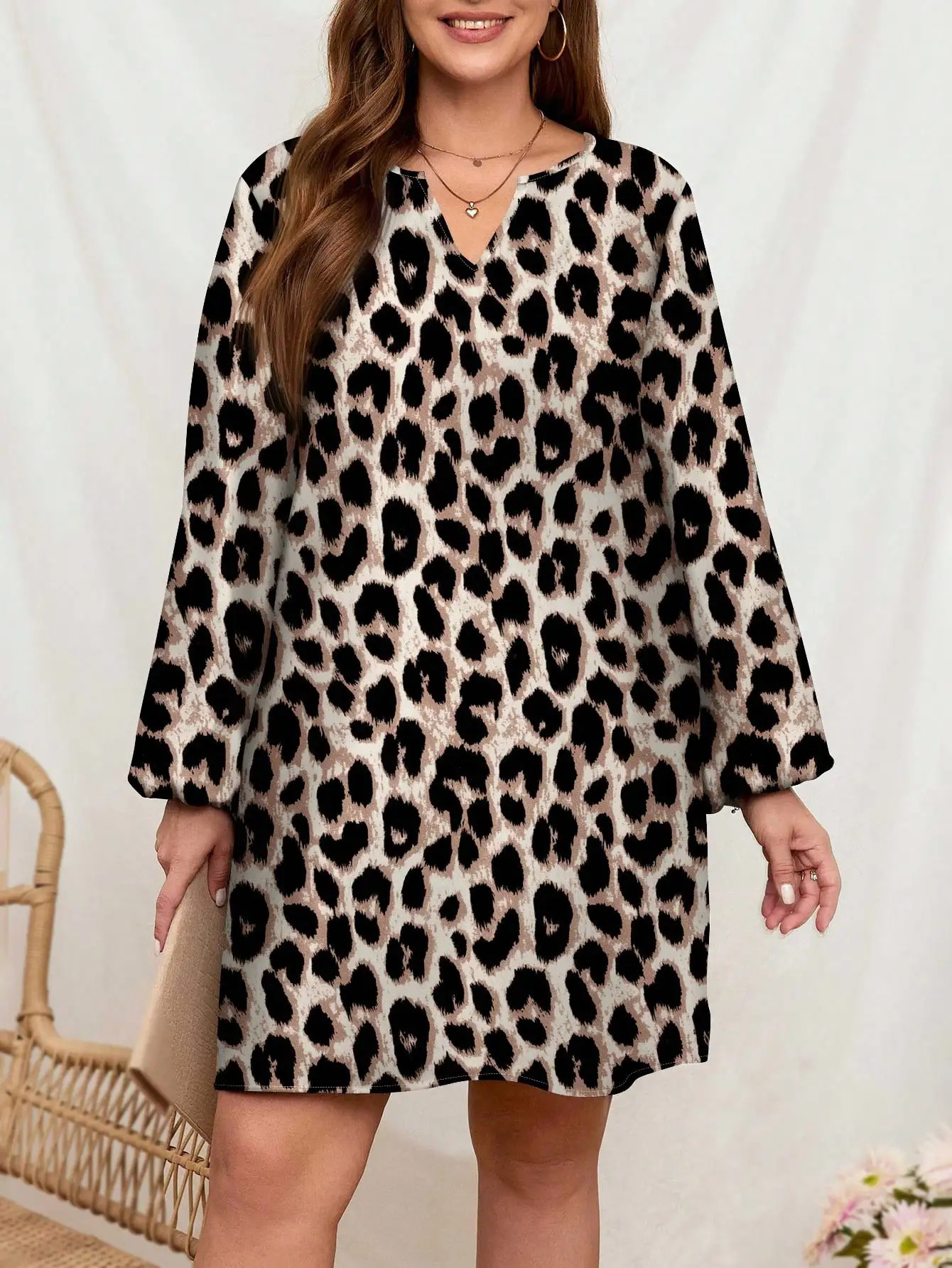 Plus Size Dresses Fashion Elegant Brown 25 Spring Summer V Neck Leopard Maxi Dress Beach Getaways Resort Vacations 250509