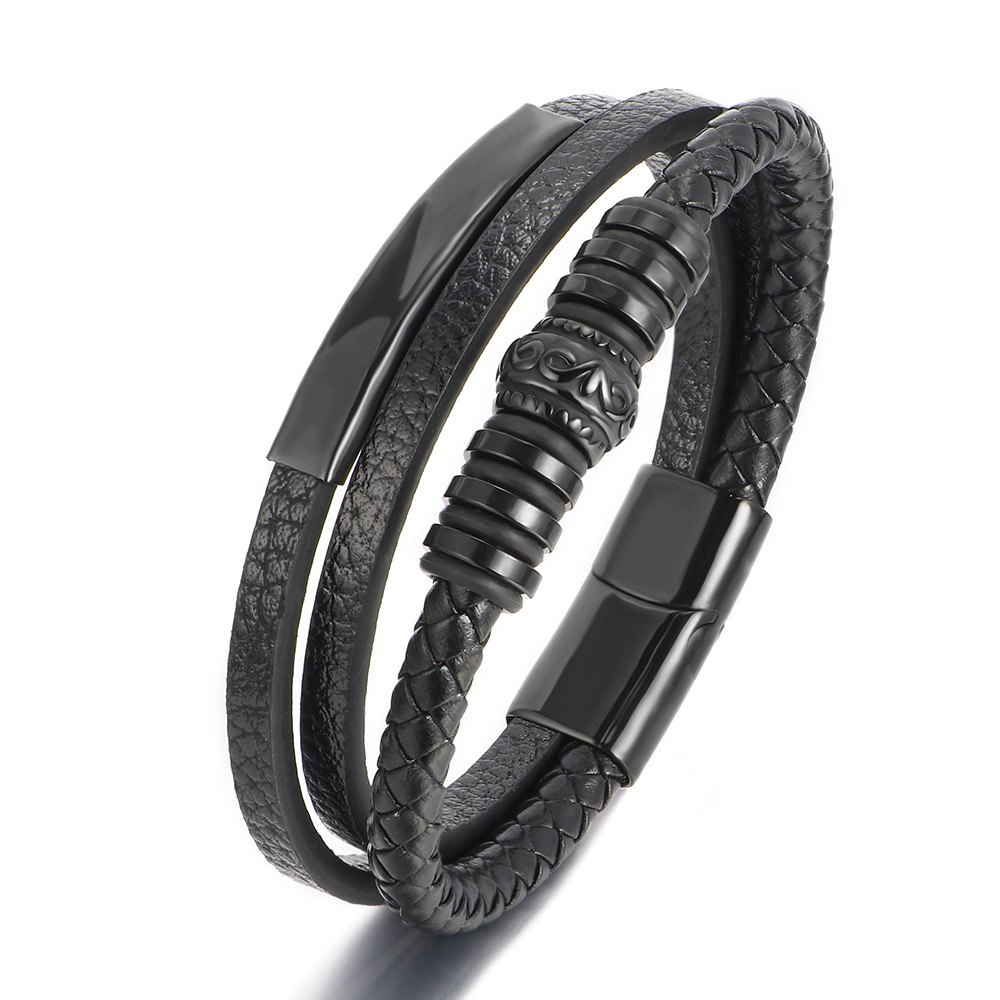 Men's Stainless Steel Vintage Leather Braided Bracelet with Magnetic Clasp, Multi-layered Design for Stylish Accessories - Wholesale