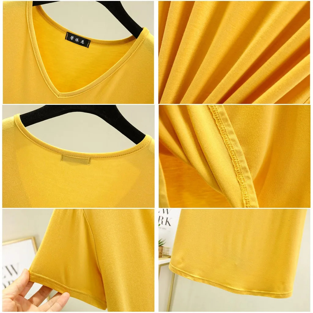 Summer women Modal V-Neck Tshirt Thin Bottoming T-shirts Plus size Loose tee tops Streetwear Basic Top 250515