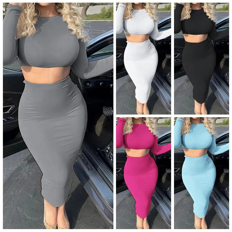 Womens Dress Sets Long Sleeve Crop Tops And Mid Calf Skirt Suit Fashion 2PCS Set Slim Office Lady Autumn Suits Clothing Q2418 250515