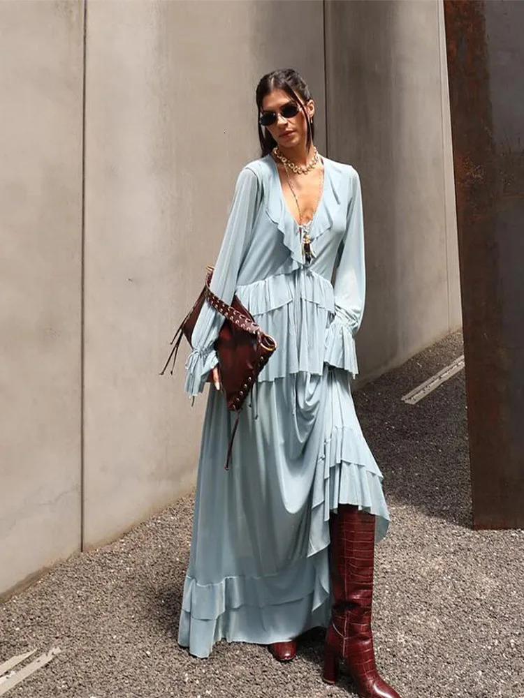 Ruffled Layered Shirt Top Long Skirt Women Two Piece Set Flared Sleeves Lace Up VNeck Pleated Satin Blouse Loose Beach Skirts 250515