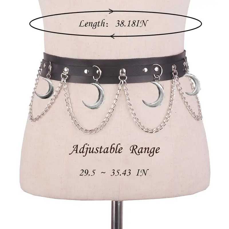 1pc Moon Pendant Chain Fringe Goth Belt Punk Black PU Leather Belts Vintage Waistband For Women daily use Y250515