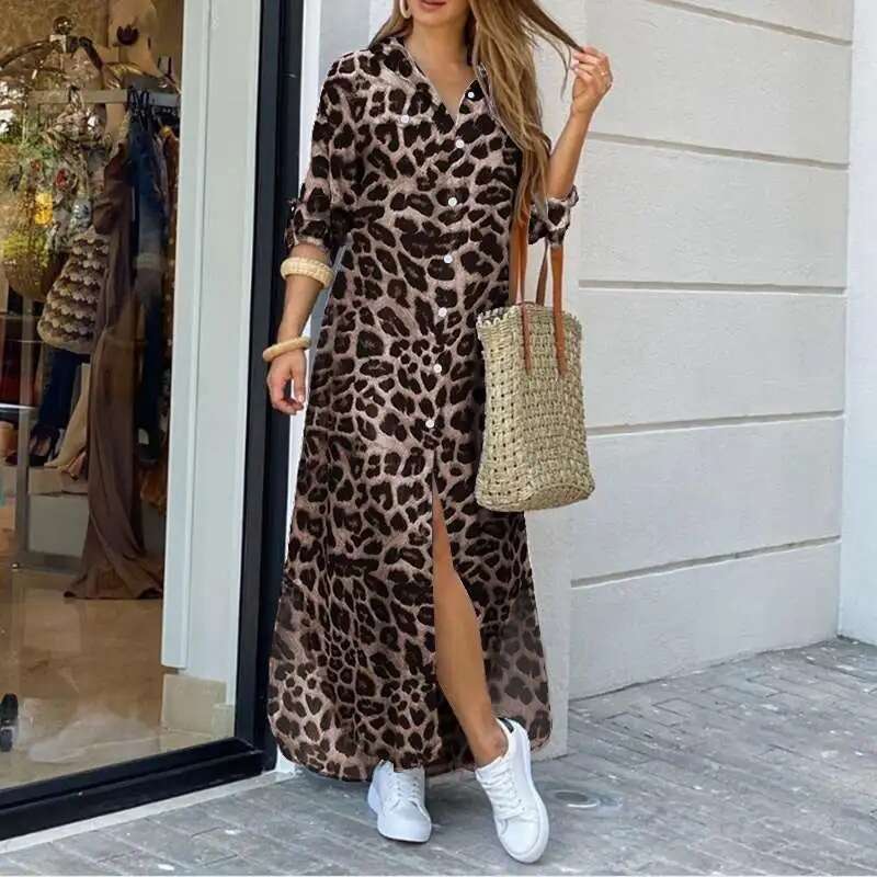 White Dress Maxi Dress 2023 New Spring And Autumn Leisure Leopard Pattern Fashion Split Extra Long Women's Shirt Dress KQ