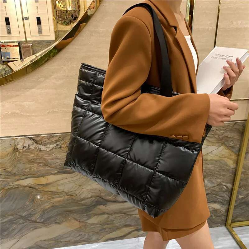 Waterproof Tote For Women Puffer Cotton Padded Shoulder Large Capacity Ladies Handbags Quilted Work Commute Shopping Bag