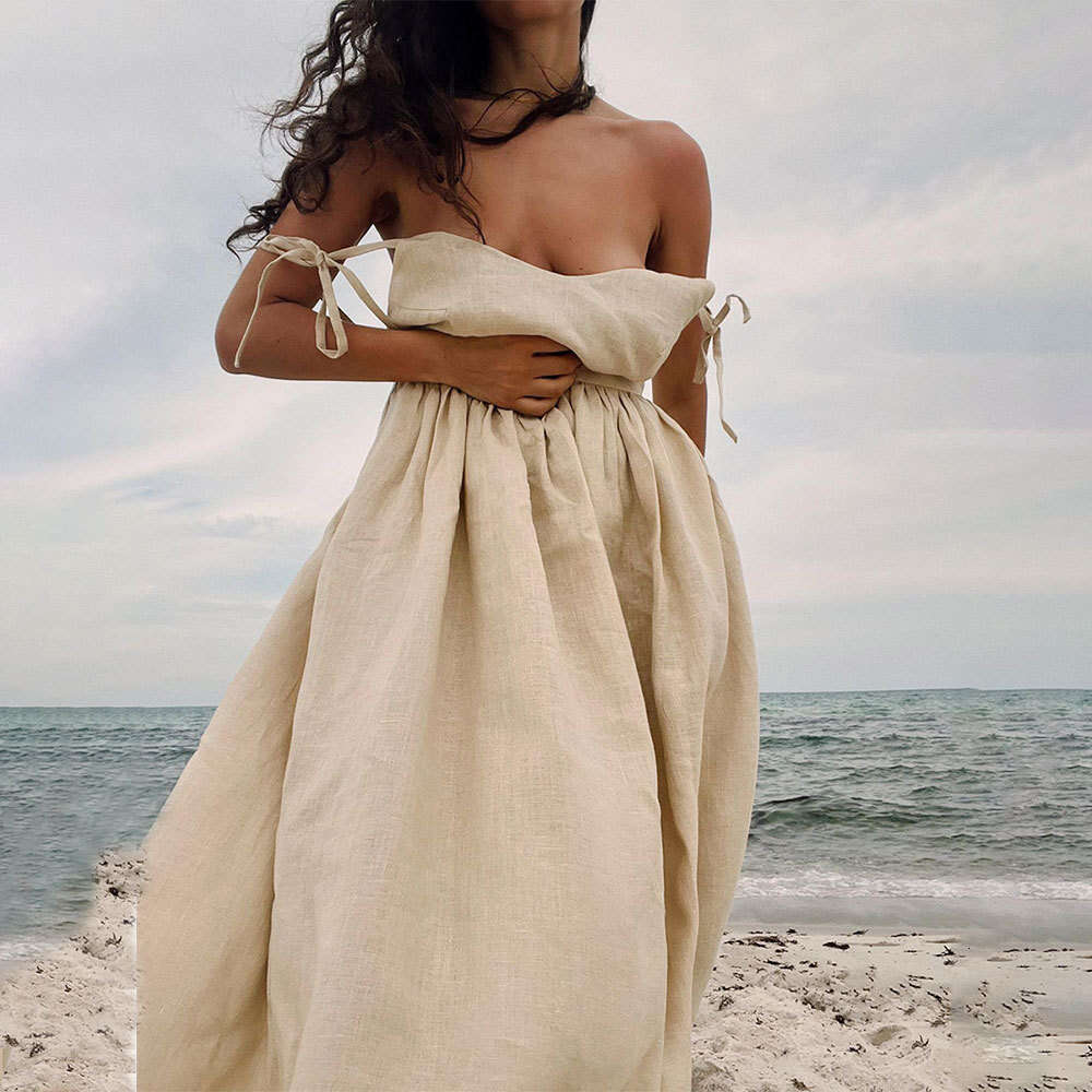 White Dress Maxi Dress Pure Cotton V-Neck Camisole For Women In The Spring Of 2025, Elegant And Sexy Style, Strapless Backless Dress KQ