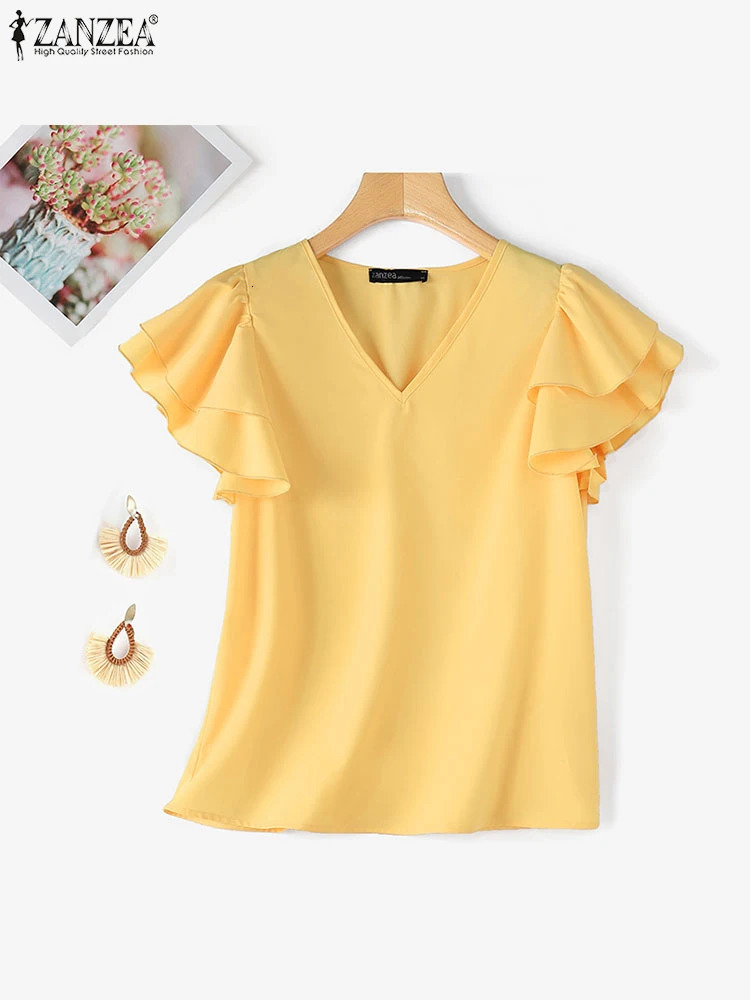 ZANZEA Vintage Women Party Blouse Elegant Ruffle Sleeve V-nekc Tops Korean Fashion Solid Shirt Tunic Summer Loose Blusas 250514