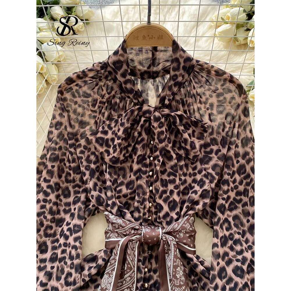 High Street Leopard Sexy Bow Neck Long Sleeves Transparent Loose Autumn Bohemian Casual Print Short Dress