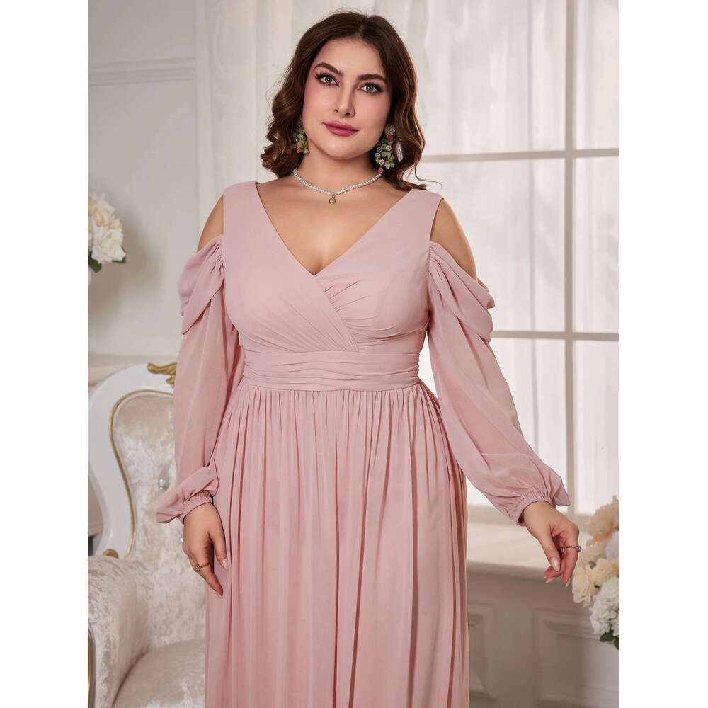 Unithorse Plus Size Women's Bust Ruched Long Sleeve Floor-Length Pink Chiffon Dress