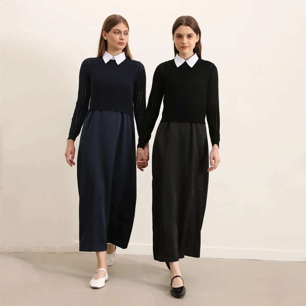 AP 2025 Autumn Winter Women Hollow Sweater and Satin Sleeveless Dress Elegant Fashion Lady Clothing