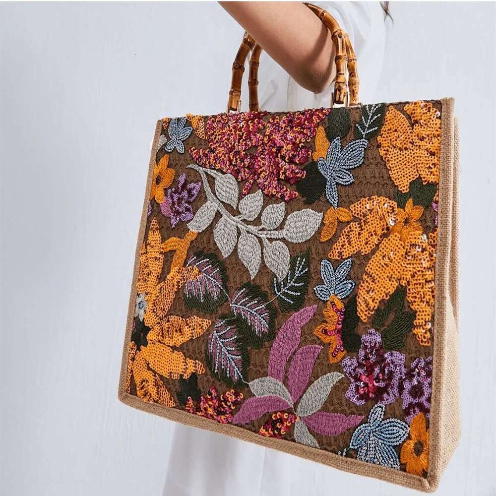 Ladies Gorgeous Wind Bamboo Knot Hand Shiny Random Beads Fower Tote And Casual Beach Bag For Daily Travel, Vacation, Party
