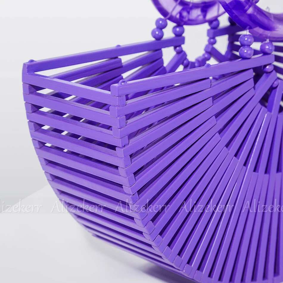 Vintage Half Bamboo Beach Handbags Women 2023 Summer Hollow Out Round Acrylic Handle Woven Straw Bags High Quality Holiday