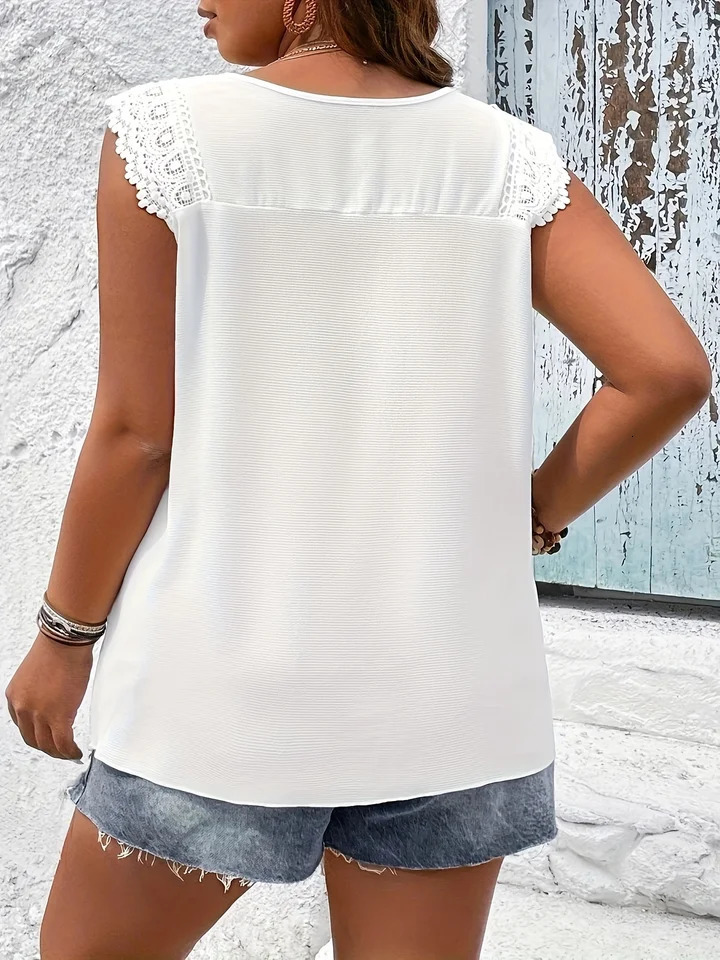 Large size womens hollow y lace tops spring and summer elegant female round neck sleeveless vest polyester fabric 250515