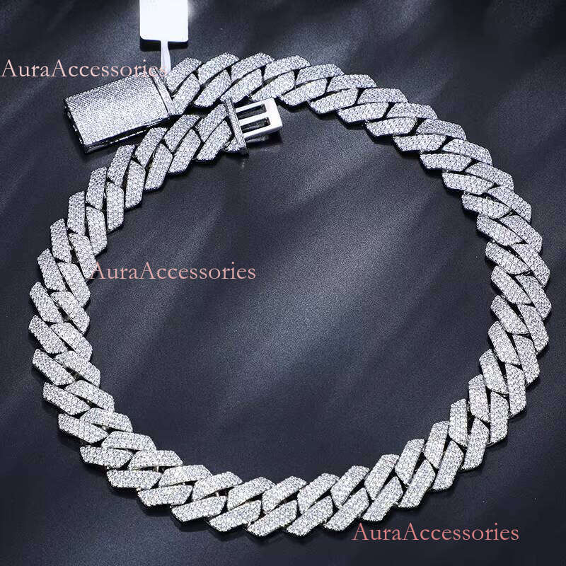 18mm 3 Rows VVS Moissanite Iced Out Link Sterling Sier Lab Dia Hip Hop Jewelry Men Cuban Necklace Chain