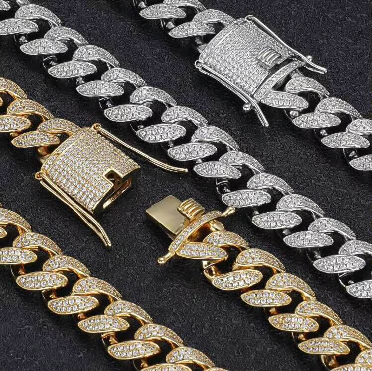 14/18 k Plated Male Hip Hop Rap Accessories Iced Out Cuban Dia Bracelet Gold Sier Men Necklace