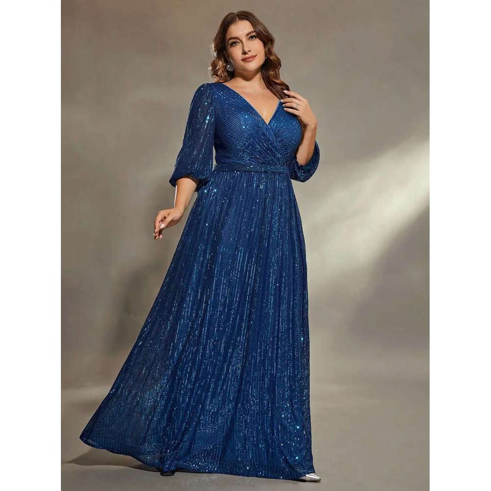Mgiacy plus size V-neck bust pleated mid-long sleeve A-frame sequin long Evening gown PROM Party dress