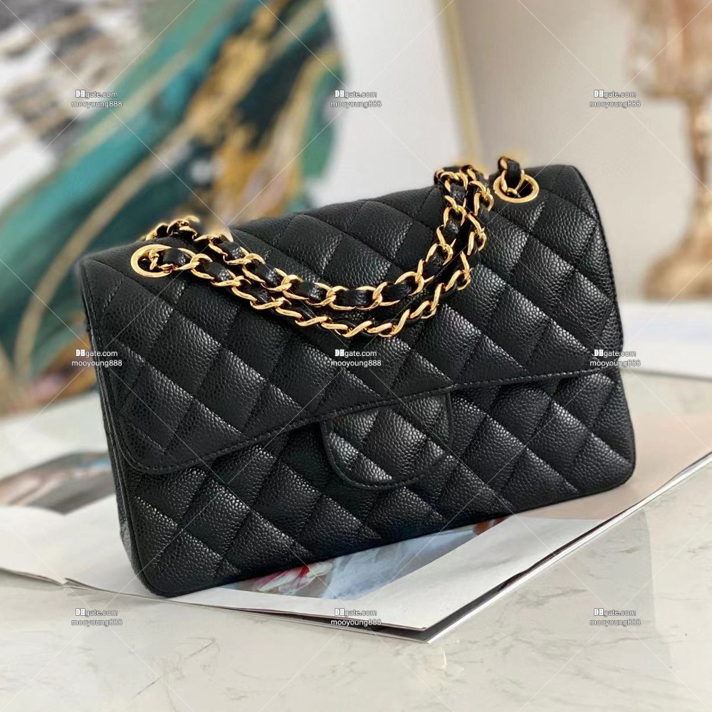 12A Upgrade Mirror Quality Designer Small Double Flap Bag 23cm Caviar Lambskin Leather Bag Black Quilted Purse Luxury Handbags Crossbody Shoulder Chain Bag with Box