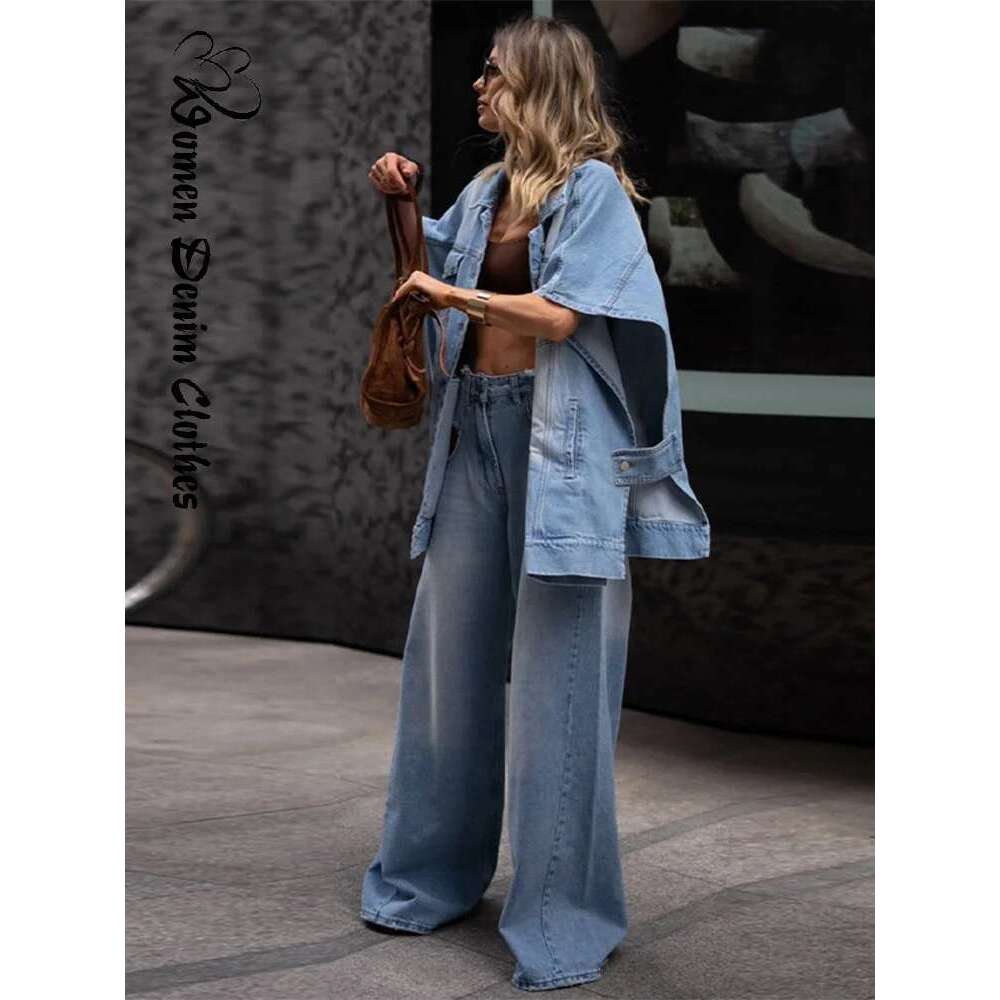 Women Oversized Denim Two Piece Set Trendy Loose Fit Jacket Matching High Waist Wide Leg Baggy Jeans Chic Streetwear Outfits