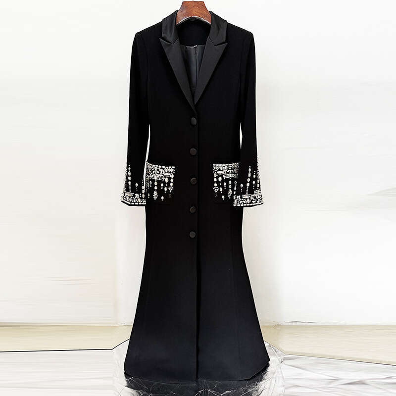 2025 Celebrity Fashion Heavy Industry Nail Bead Diamond Set Suit Collar Tail Long Dress