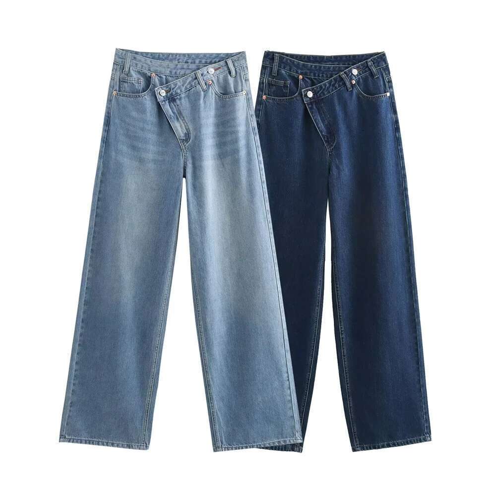 Pb&Za Autumn New Product Women's Casual Fashion High Waist Diagonal Buckle Wide Leg Cowboy Straight Pants Designer