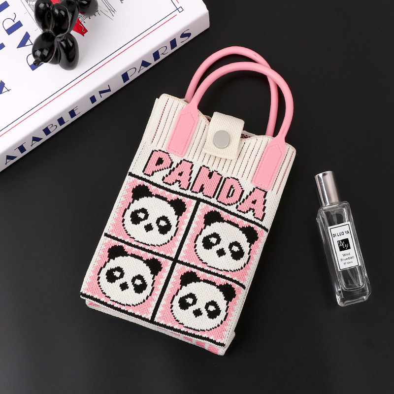 High quality style Korean series knitted panda niche single shoulder slanted mobile phone bag handbag new free delivery designer bag