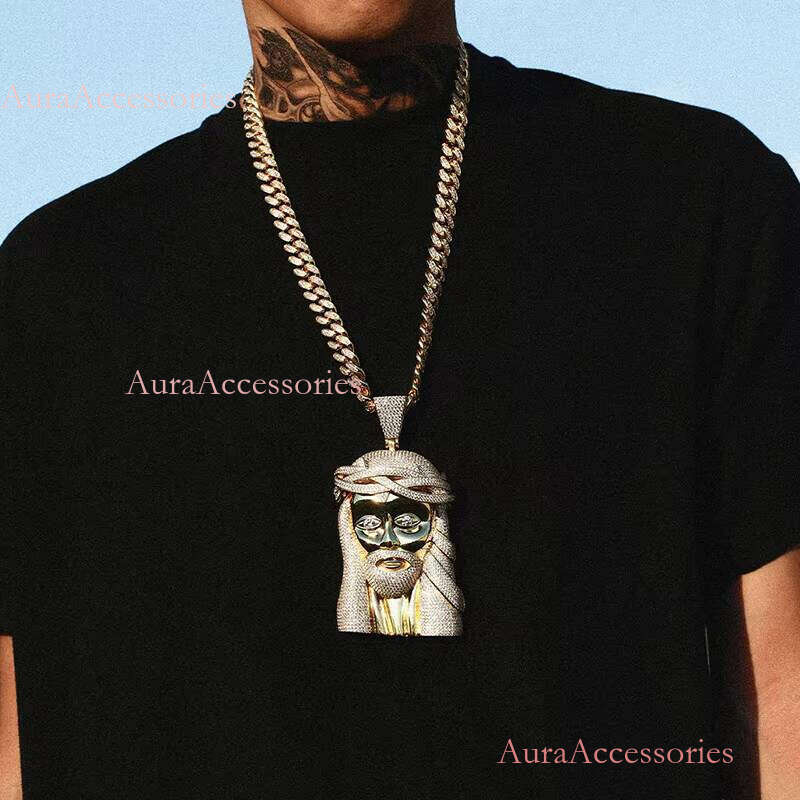 New Design Big Size Jesus Pendant Necklace for Men Hip Hop Jewelry With Rope Cuban Tennis Chain Gold Sier Cubic