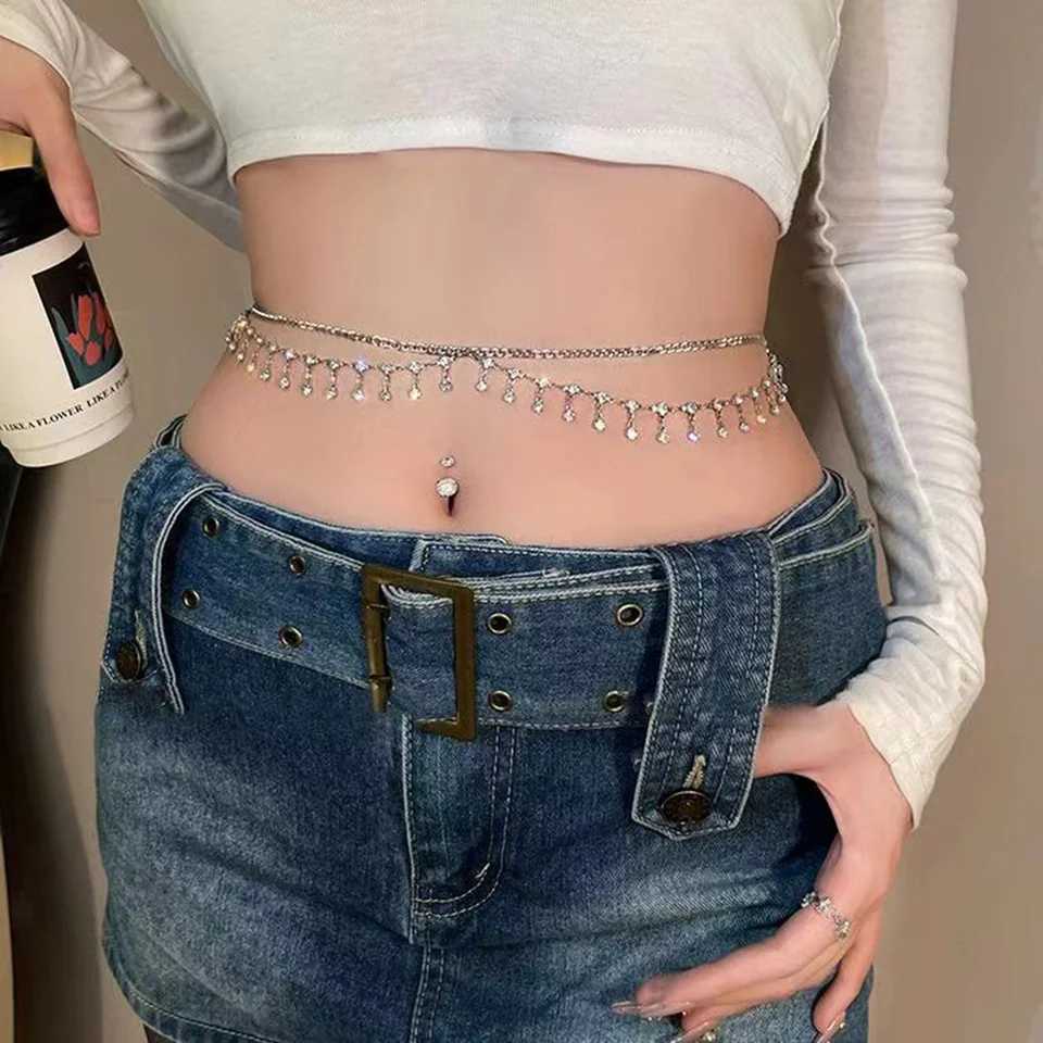 Double-layer rhinestone tassel metal waist chain accessories for women pure body chain necklace decoration Y250515