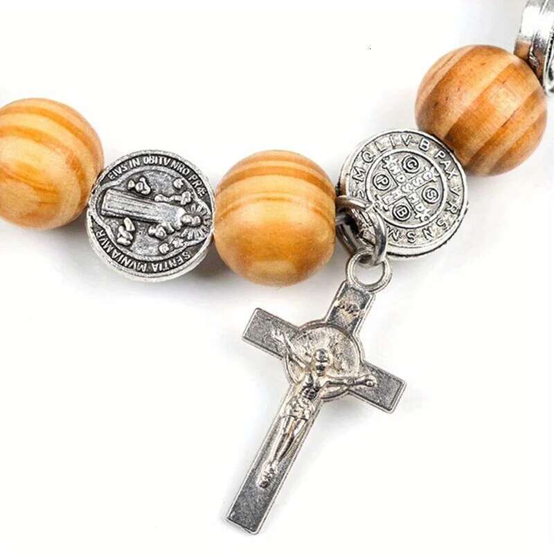 Natural Solid Wood Elastic Wire Alloy Saint Religious Rosary Bracelet Men Women Catholic Jesus Christ Jewelry Pulsera R-372