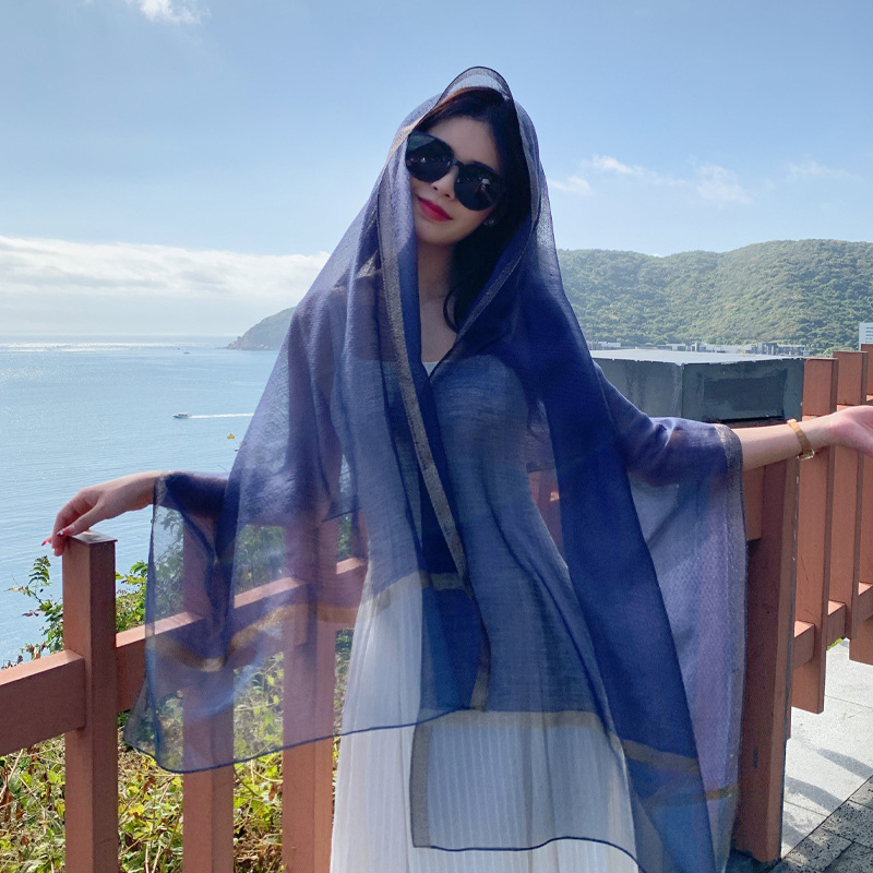 K725 Travel seaside vacation light and elegant beach silk scarf women's spring and summer new cool pure color long sunscreen scarf