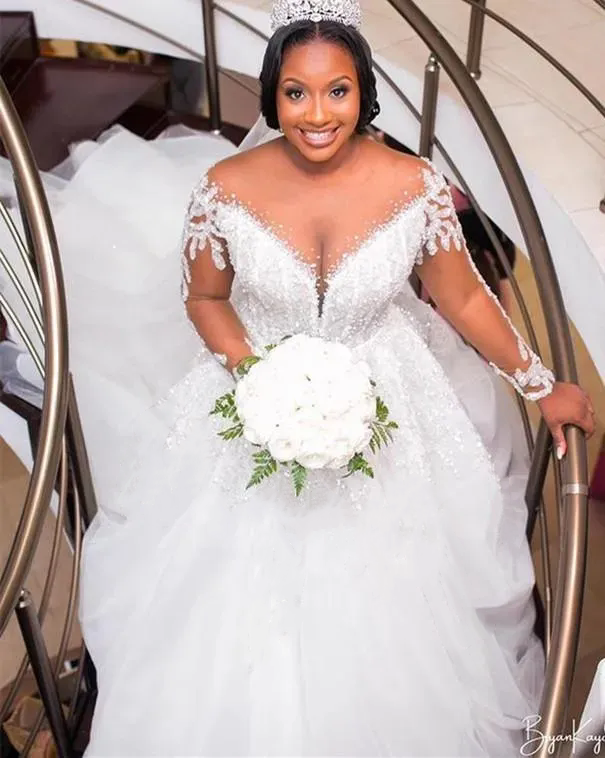 Sparkly Country Sexy A Line Wedding Dresses Bridal Gowns Vintage Off Shoulder Illusion Crystal Beading Long Sleeves Plus Size 80% Payment