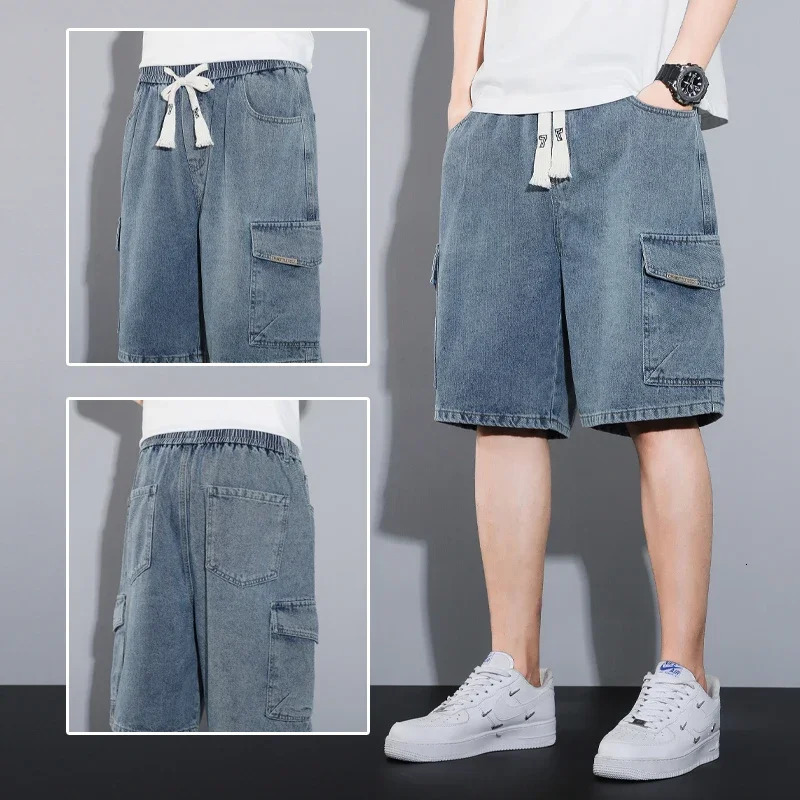 Summer Trendy Denim Shorts Mens Large Size Loose Straight Multipocket American Retro Casual Trousers M5XL 250515