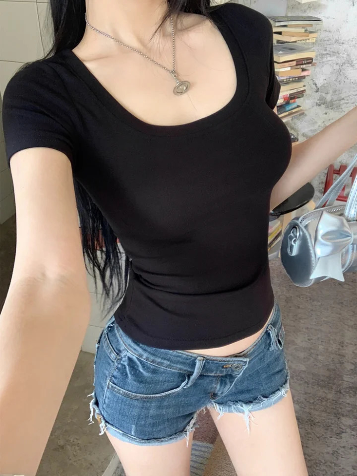 Womens basic Tshirt square collar short sleeved top solid color cute summer tight slim fit casual clothing 250506