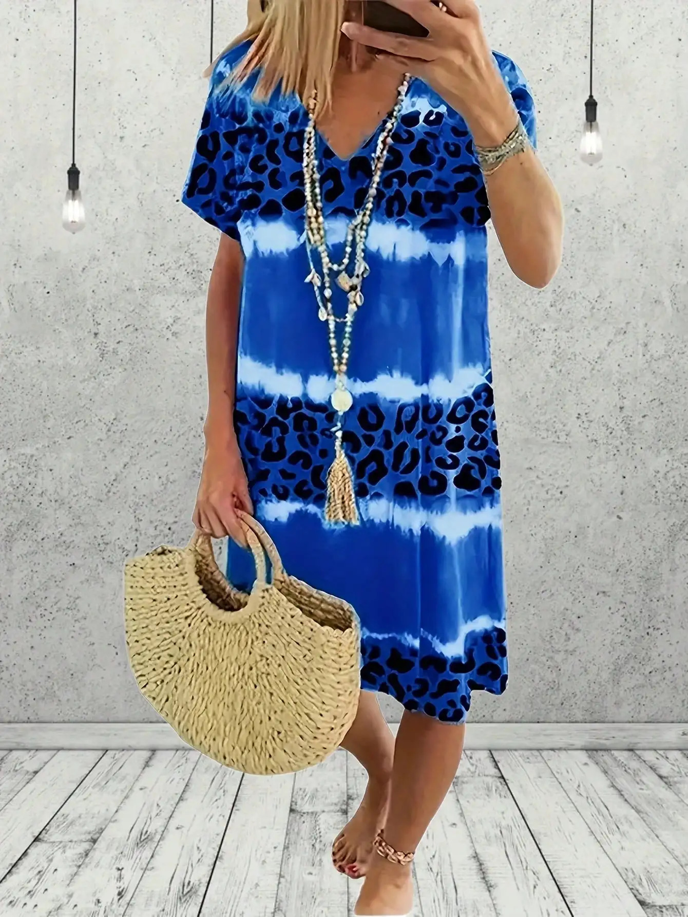 Womens Plus Size 1XL-8XL Fashion Casual Dress Short Sleeve Dress Tie Dye Leopard Short Sleeve V Neck Slight Stretch Dress 250509