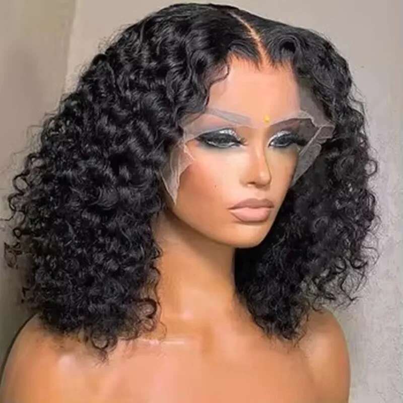 Natural Black Color Short Bob Cut 13X4 Lace Frontal Synthetic Wig For Women Deep Curly Preplucked With Baby Hair Cosplay Daily