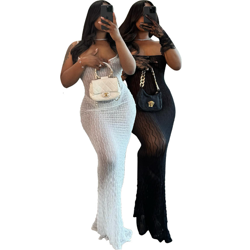 HR24027 Womens jacquard fabric sexy semi transparent suspender dress long skirt