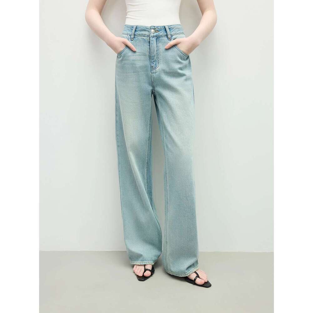 FSLE Washed Distressed High Waist Straight Jeans For Women 2025 Summer New Fit Versatile Casual Slim Chic Pants 25Fs12292 Designer