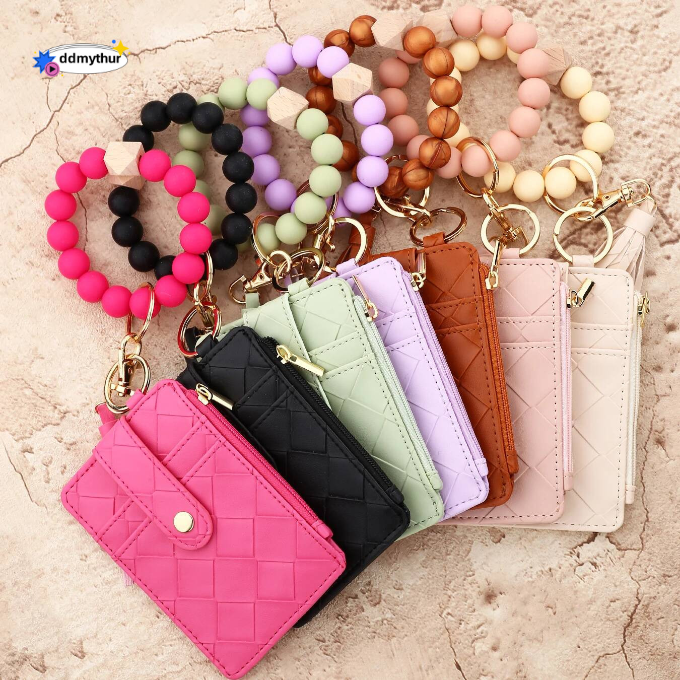 2025 New Arrival PU ID Credit Wallet with Wristlet Bangle Silicone Bead Tassel Card Holder Leather Keychain ddmythur