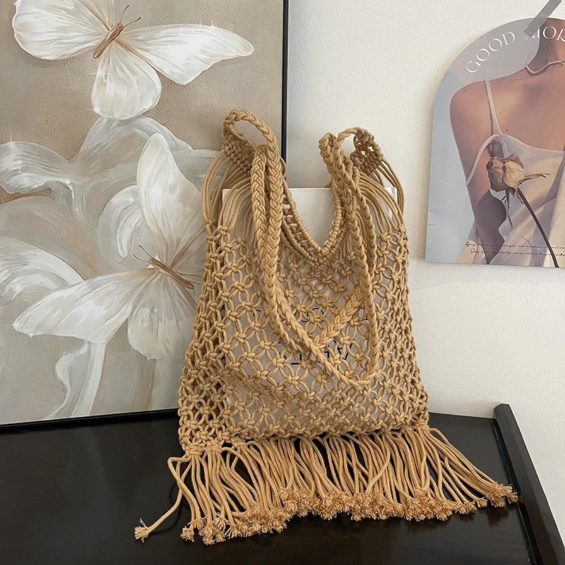 Bohemian Woven Bag for Women Trendy Tassel Shoulder Bags Ladies Casual Summer Travel Handbag Solid Color Beach Mesh Bags 250515