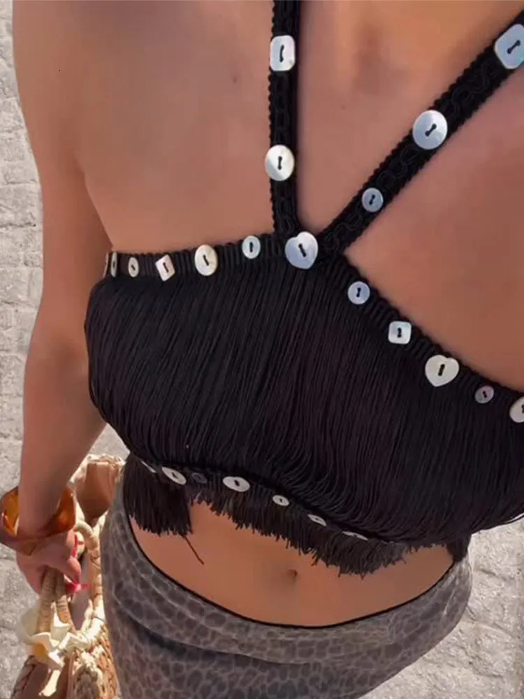 Sexy Sequin Tassel Holder Top Women Solid Sleeveless Backless Crop Tube Party Female Summer Fashion Chic Street Vest 250515