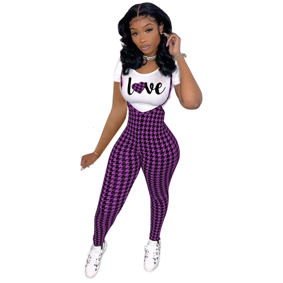 D9828 Womens fashion pattern printed short sleeved T-shirt+suspender jumpsuit