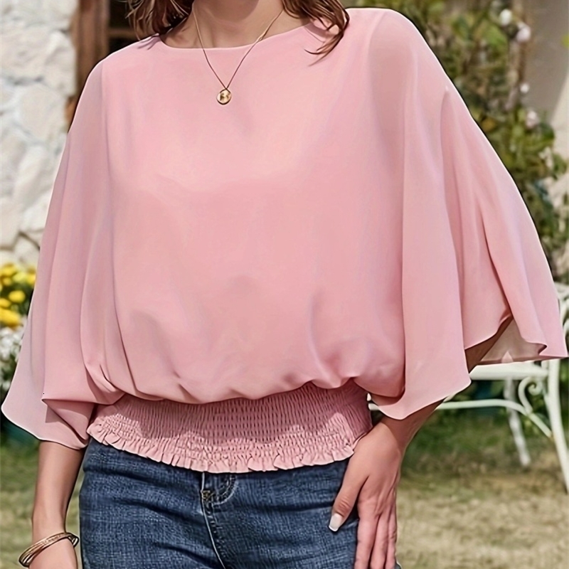 Plus size fashion Oneck solid color short sleeved oversized chiffon Tshirt summer casual top loose commuting w250506
