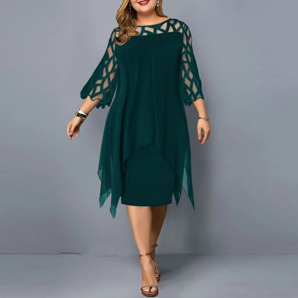 Purple Plus Size Dress for Women Fashion Lace Sleeve Midi Dress Autumn Winter Elegant Round Neck Christmas Party Dress 250509