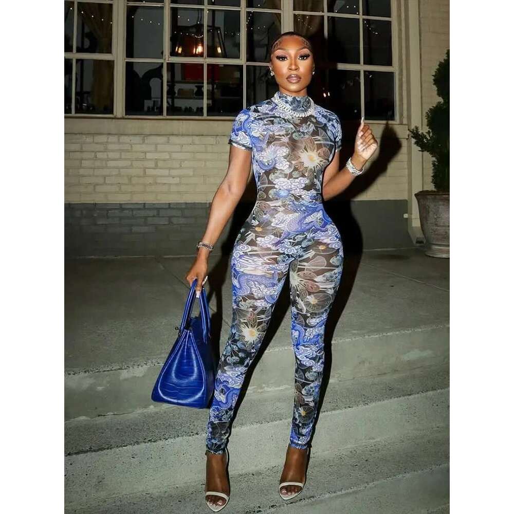 Nibber Colorful Print Jumpsuit Women Mesh See Through Coquette Summer Backless Peach Buttocks Tight Activity Clubwear Overalls