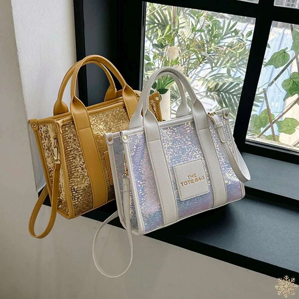 New Handbag with Letter Printed Sequin Upper Handle Bag, Women's Leather Handbag, Flash Shoulder Crossbody Bag