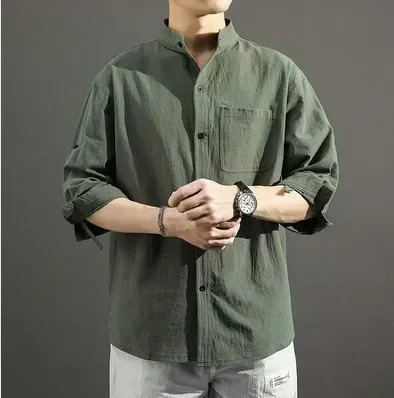Summer 2024 Japanese casual loose collar cotton linen shirt mens onethird sleeve 250506Z