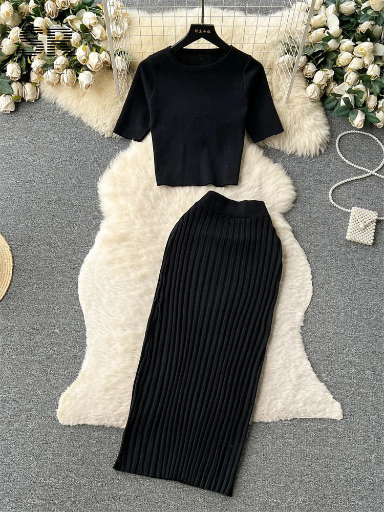 SINGREINY Casual Two Piece Sets Women Summer O Neck Top Elastic Waist Long Skirt Fashion Office Lady Korean Knit Suit 250515