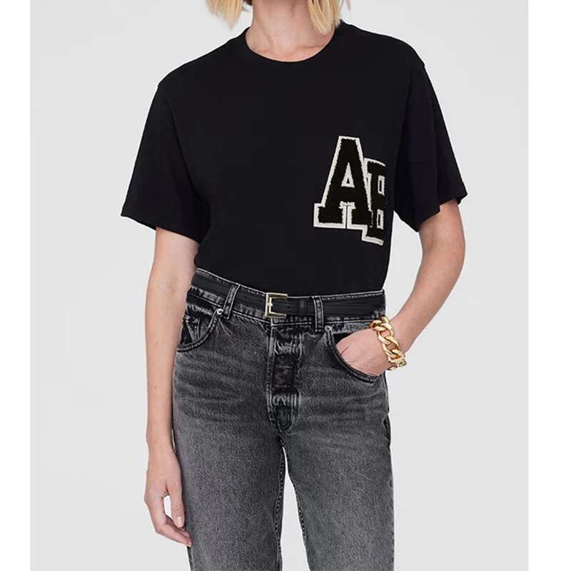 Summer North American Niche AB Special Hand Cranked Letter Embroidery Women's Short Sleeved T-Shirt