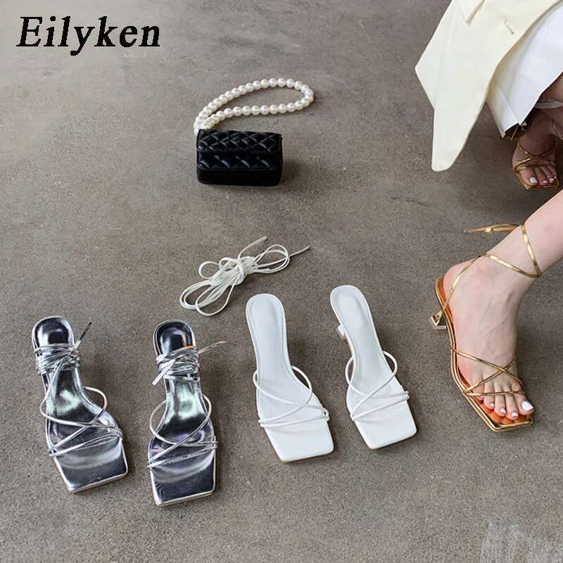 Eilyken Fashion Gold Sier Sandals Thin Low Heel Lace Up Rome Summer Gladiator Women Casual Narrow Band Shoes